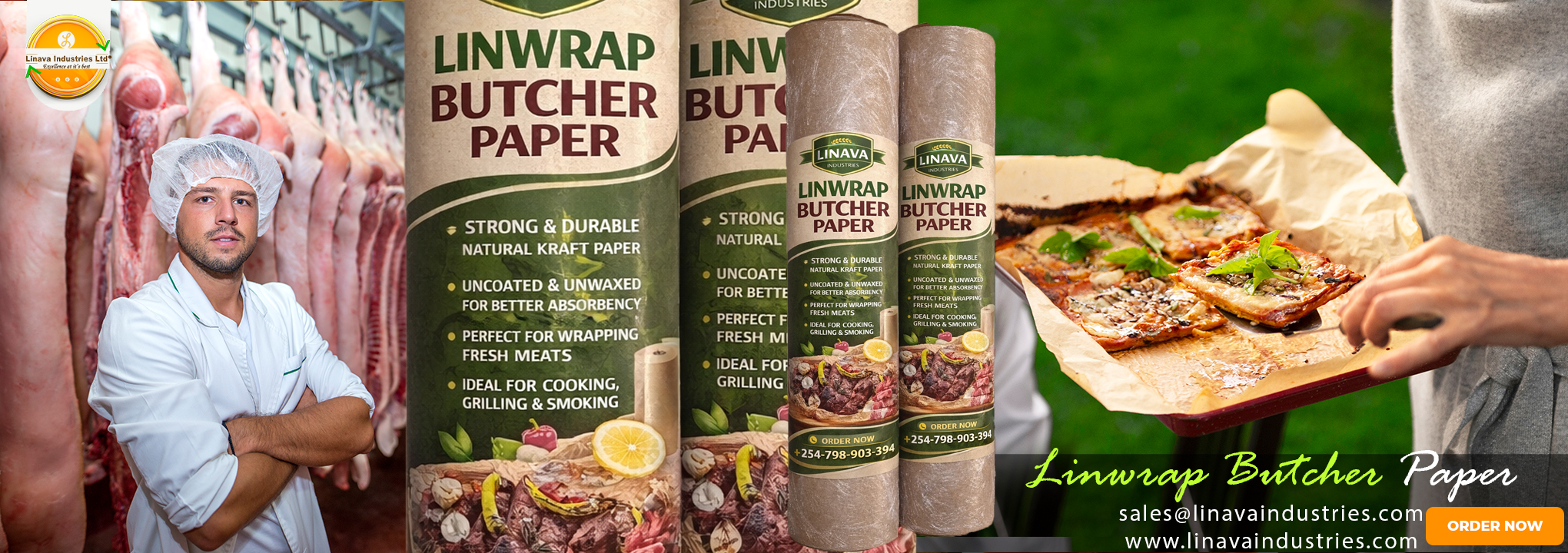 Linwrap butcher paper roll for food wrapping, commonly used in butcher shops and kitchens.